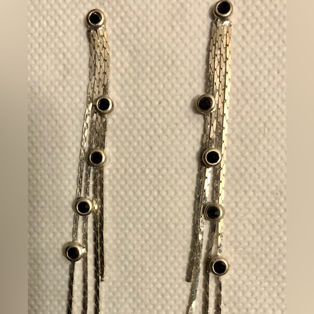 Vintage- Elegant Silver Tone Dangle Stud Earrings with Black Stone Accent